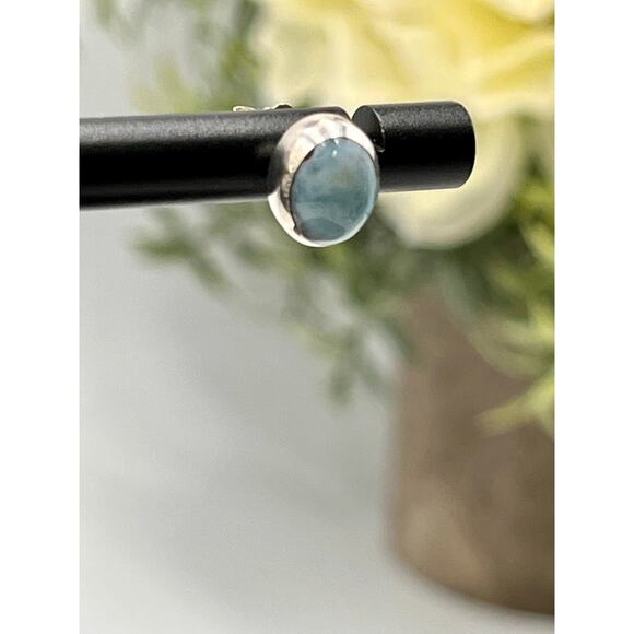 Sterling silver Bezel Set Blue Larimar Cabochon Small Stud Earrings - Picture 3 of 8